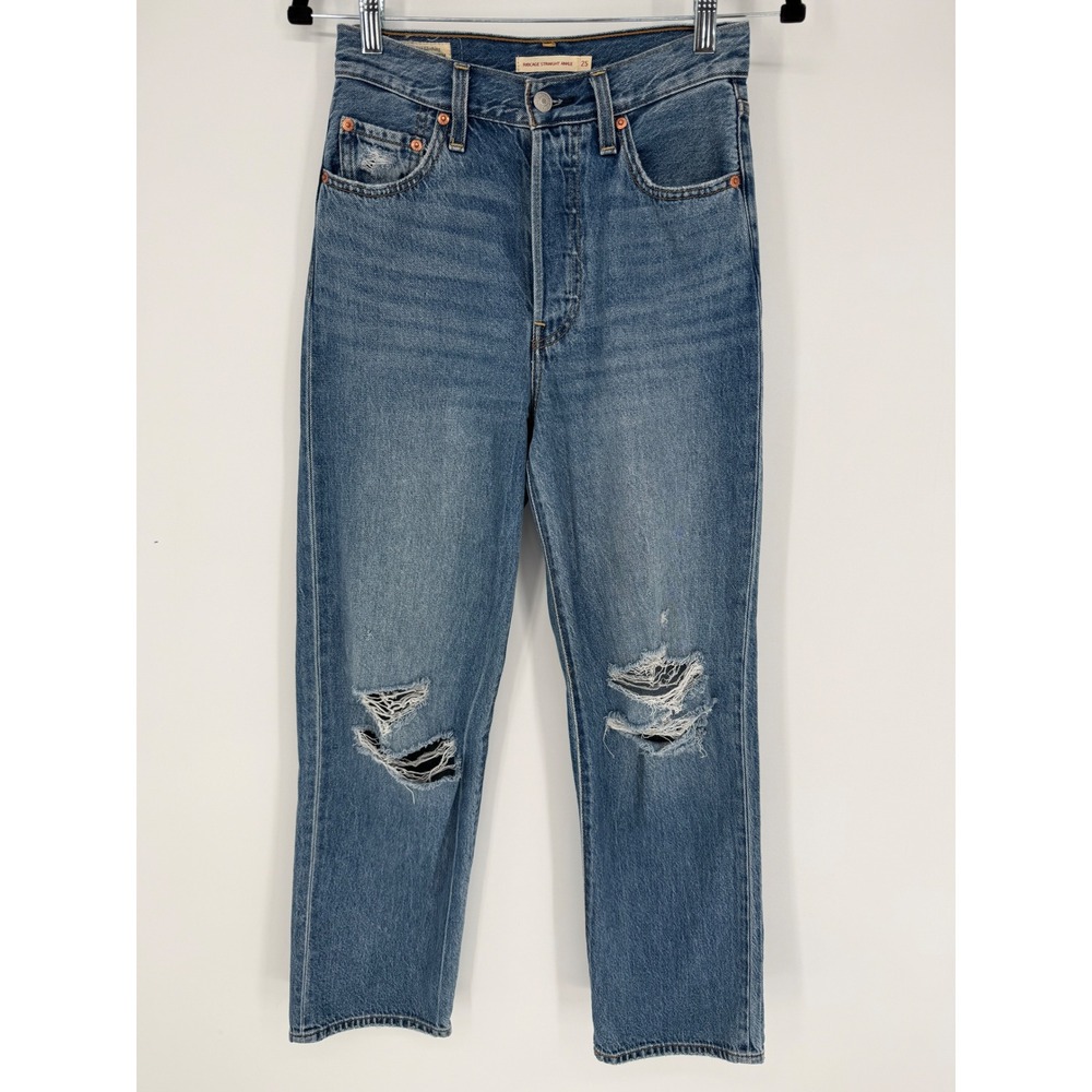 LEVI'S RIBCAGE STRAIGHT ANKLE‎ DISTRESSED JEANS SIZE 25 CASUAL HIGH RISE DENIM